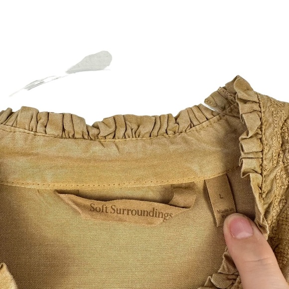 Soft Surroundings Sz L Women's Gold Embroidered Front Ruffle Trim Button Down - Picture 5 of 10